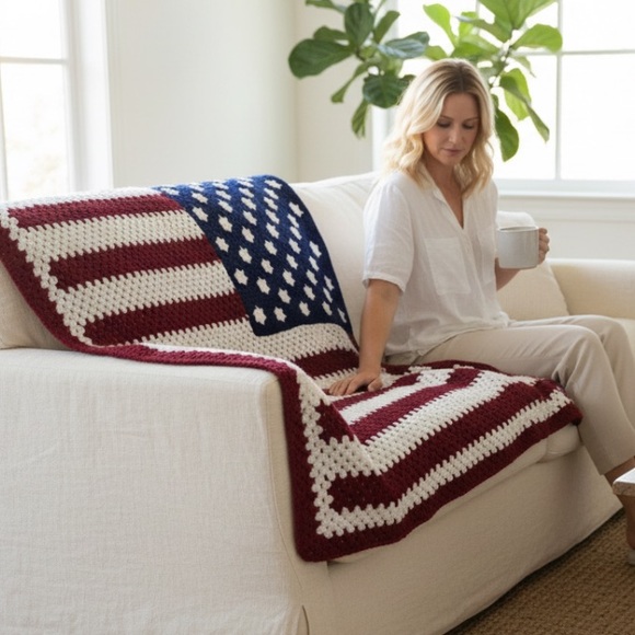 Handmade Patriotic Red, White, and Blue Crochet afghan Blanket 75”x52” roughly. - Picture 2 of 4